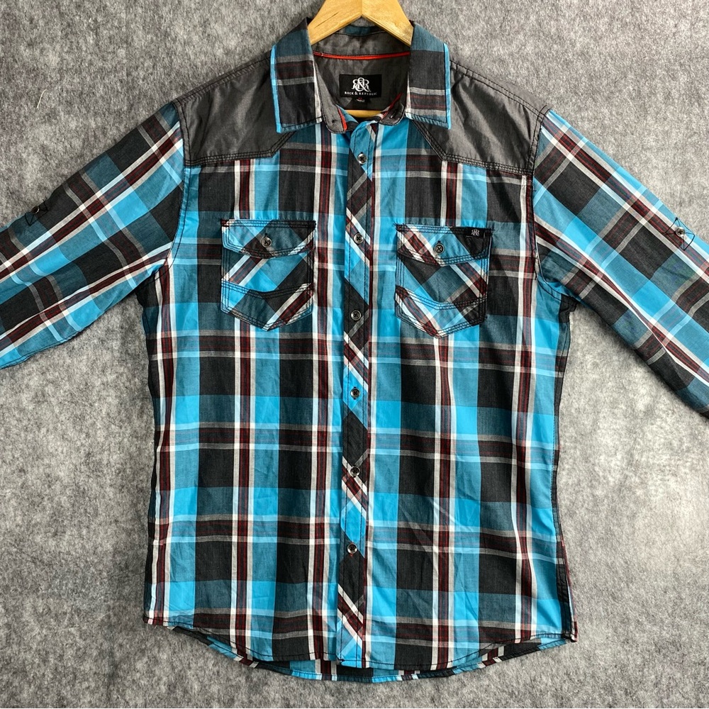Rock‎ & Republic Mens Multicolor Plaid Long Sleeve Button Down Shirt Size M - Picture 4 of 10